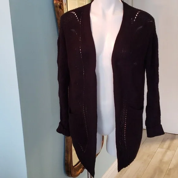 POINTELLE OPEN FRONT CARDIGAN WITH POCKETS Black - Picture 1 of 7